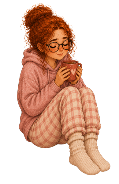 Illustrated woman resting with a warm drink
